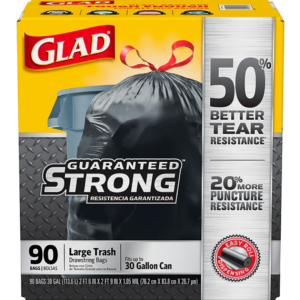 Glad Drawstring 30 Gallon Trash Bags, 1.05 mil, 30 x 33, Black, 90CT (78952)