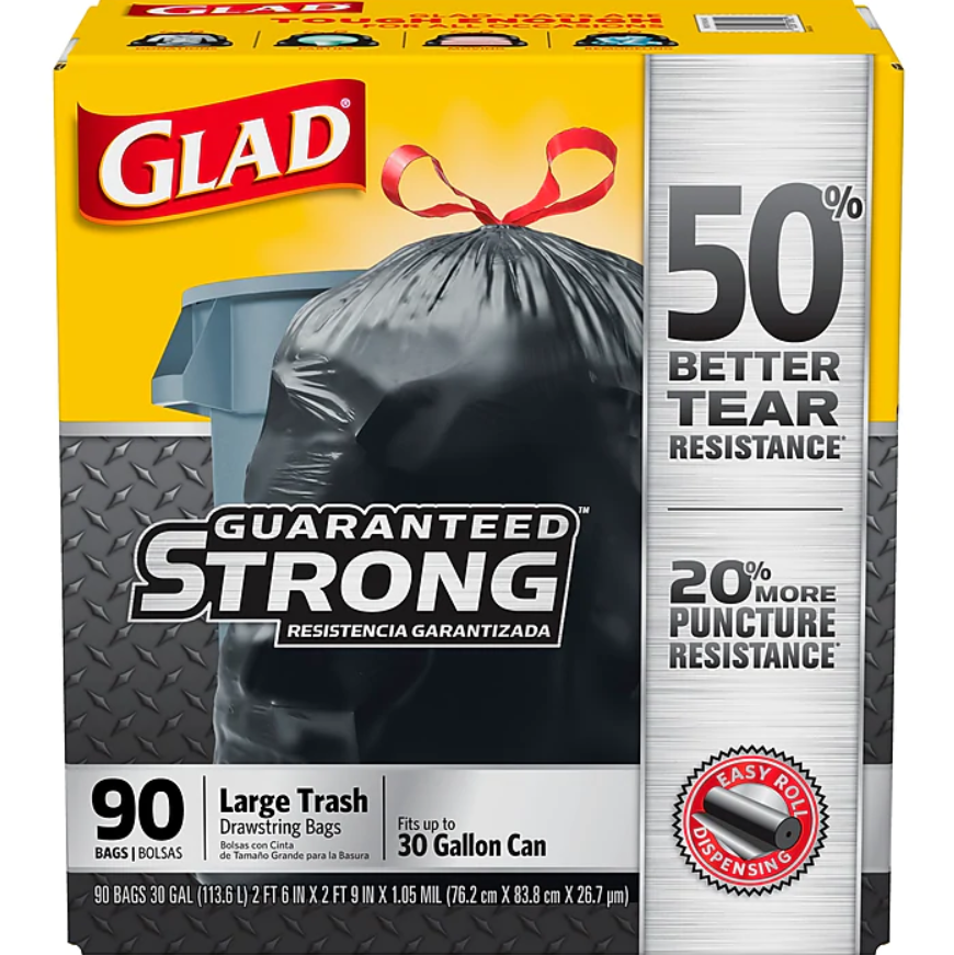 Glad Drawstring 30 Gallon Trash Bags, 1.05 mil, 30 x 33, Black, 90CT (78952)