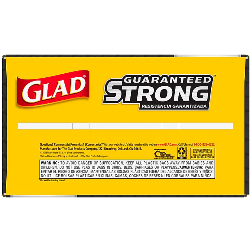 Glad Drawstring 30 Gallon Trash Bags, 1.05 mil, 30 x 33, Black, 90CT (78952)(6)