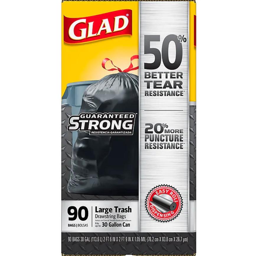Glad Drawstring 30 Gallon Trash Bags, 1.05 mil, 30 x 33, Black, 90CT (78952)(7)