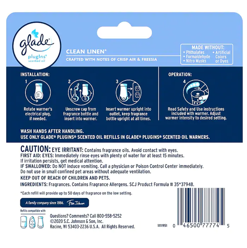 Glade PlugIns Scented Oil Refill, Clean Linen, 0.67 Oz., 5 Pack (315182)(2)