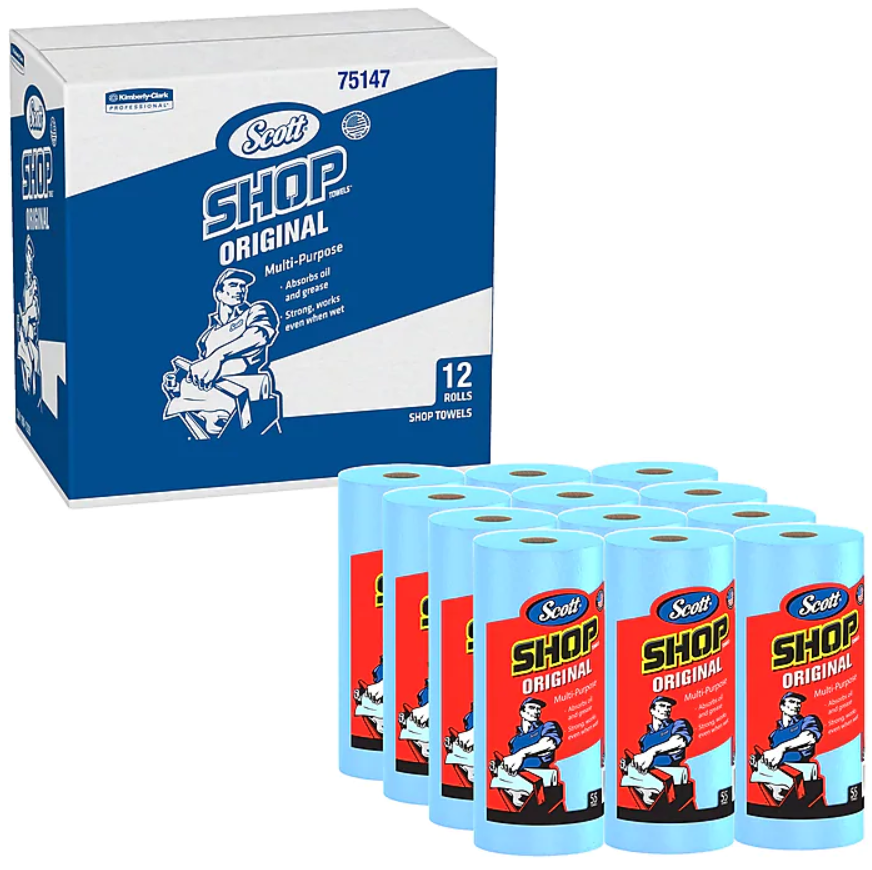 Scott Shop Original Paper Wipers, Blue, 55 sheets Roll, 12 Rolls Carton (75147)(4)