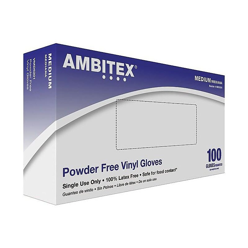 Ambitex V5201 Series Latex Free Clear Vinyl Gloves, Medium, 100/Box, 10 Boxes/Carton (VMD5201)